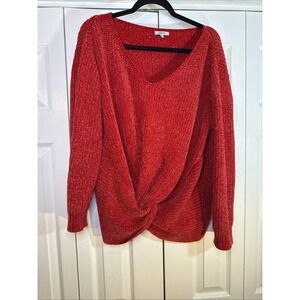 Jodifl Sweater Women's Large Red Twist Front Pullover  V-neck